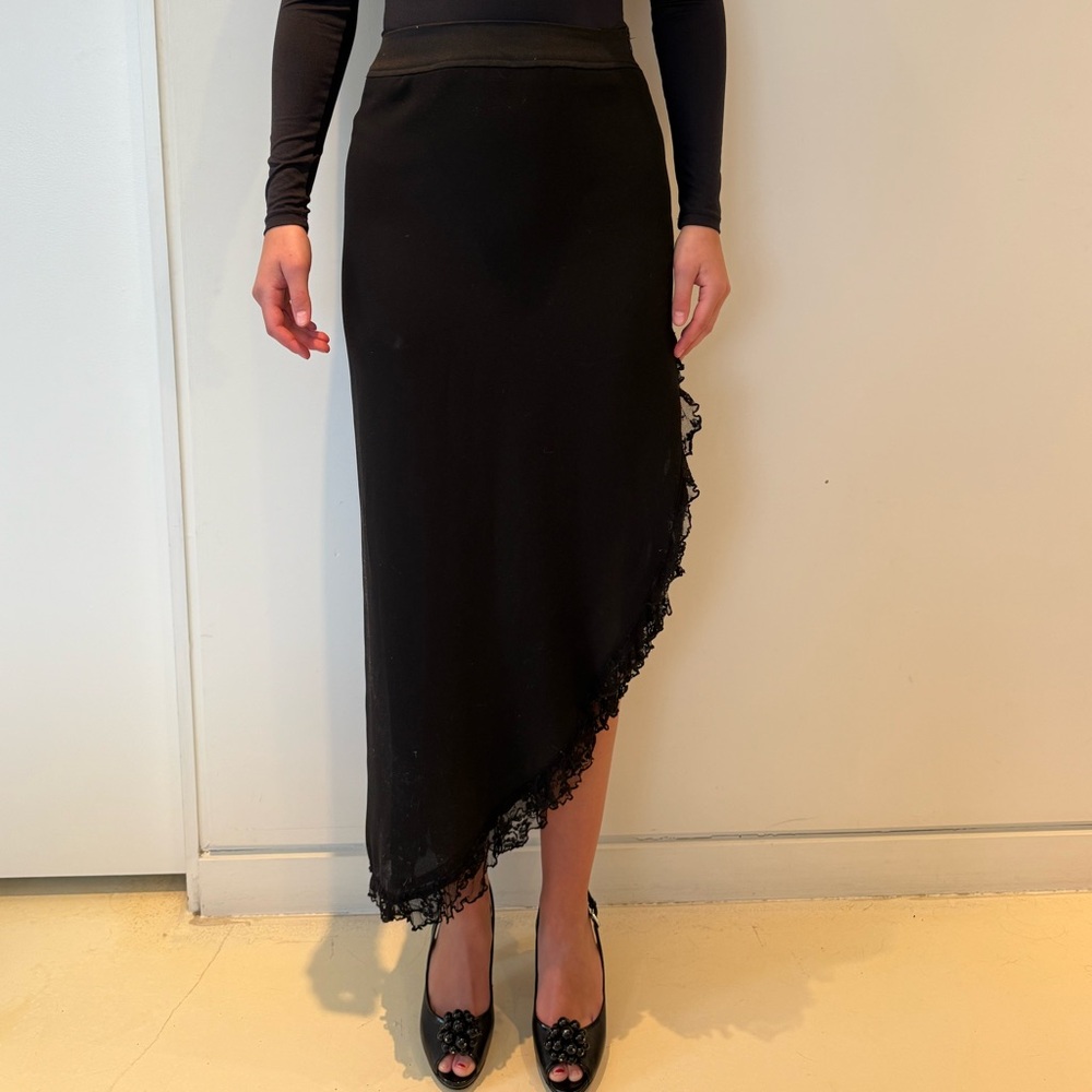 JS Collections Black Asymmetrical Skirt with Lace Detail